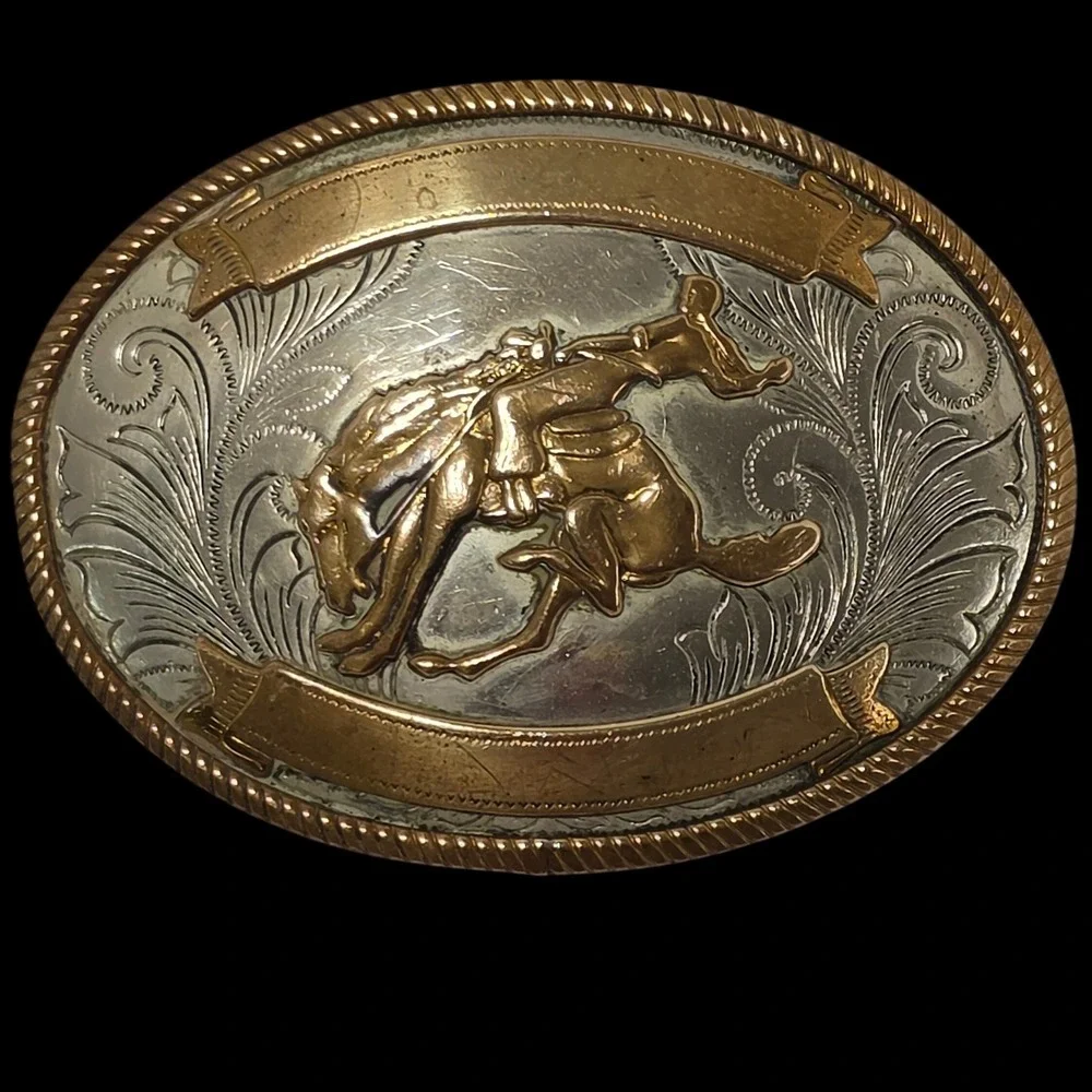 Vintage Nickel Silver Two Tone Rodeo Bucking Bronco Oval Belt Buckle Western